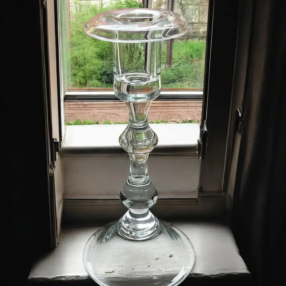 Vtg. Pair Baluster Clear Crystal Candlestick Holders 9.75” Tall 1.5” Candle Cup